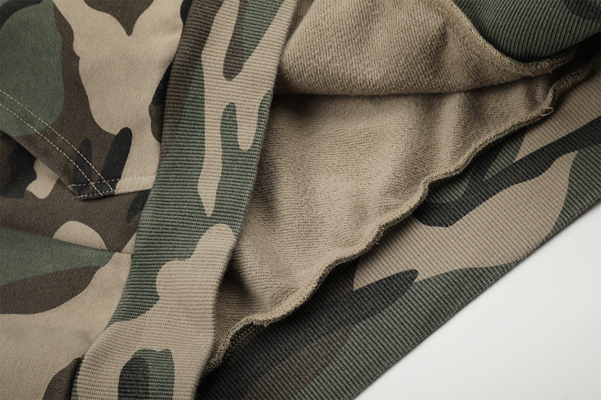 Camouflage Zip-Up Hoodie with Sunburst Embroidered Graphic