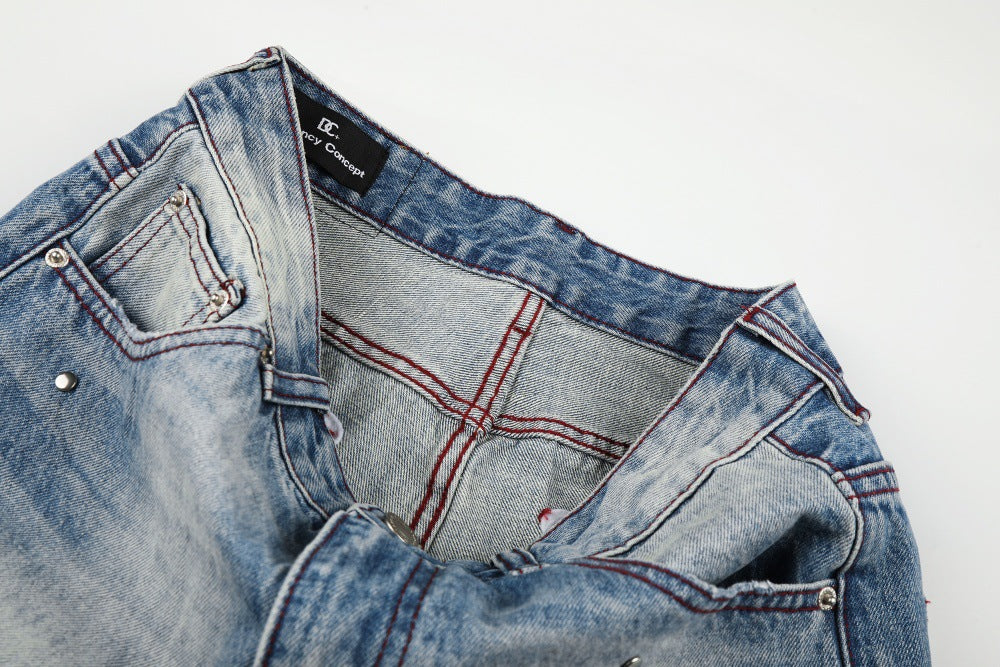 Gradient Washed Distressed Wide-Leg Jeans with Rhinestone Studs