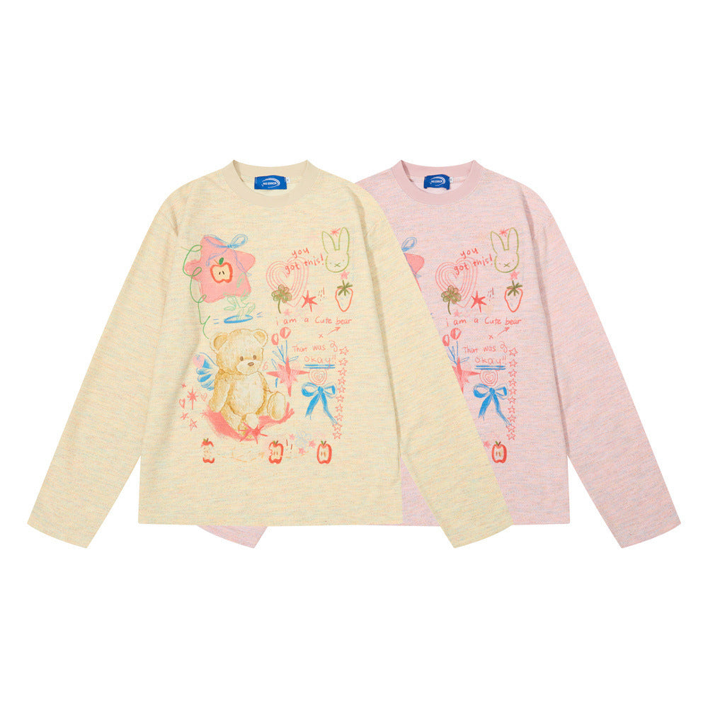 Graphic Oversized Long Sleeve T-Shirt – Cute Bear & Doodle Print