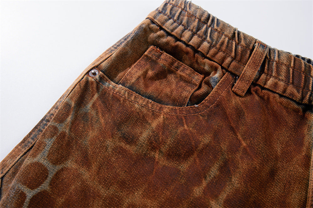 Leopard Print Wide-Leg Denim Shorts – Washed Rust Brown Animal Print
