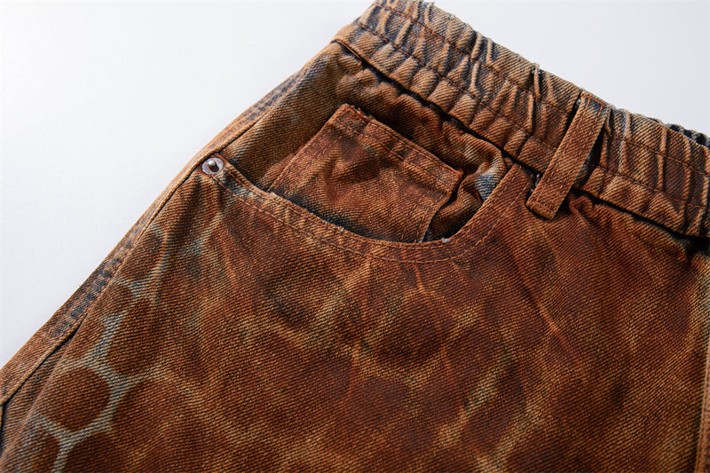 Leopard Print Wide-Leg Denim Shorts – Washed Rust Brown Animal Print