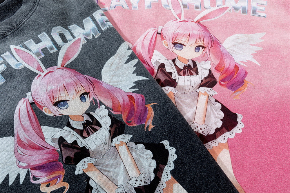 Camiseta gráfica rosa para hombre – Camiseta extragrande lavada al ácido con ángel maid de anime