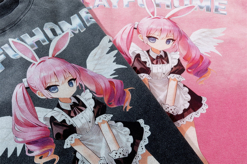Camiseta gráfica rosa para hombre – Camiseta extragrande lavada al ácido con ángel maid de anime