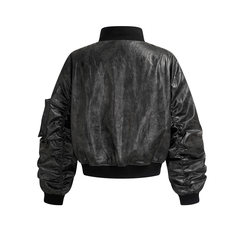 Black Faux Leather Bomber Jacket with Ruched Sleeves & Cargo Pockets