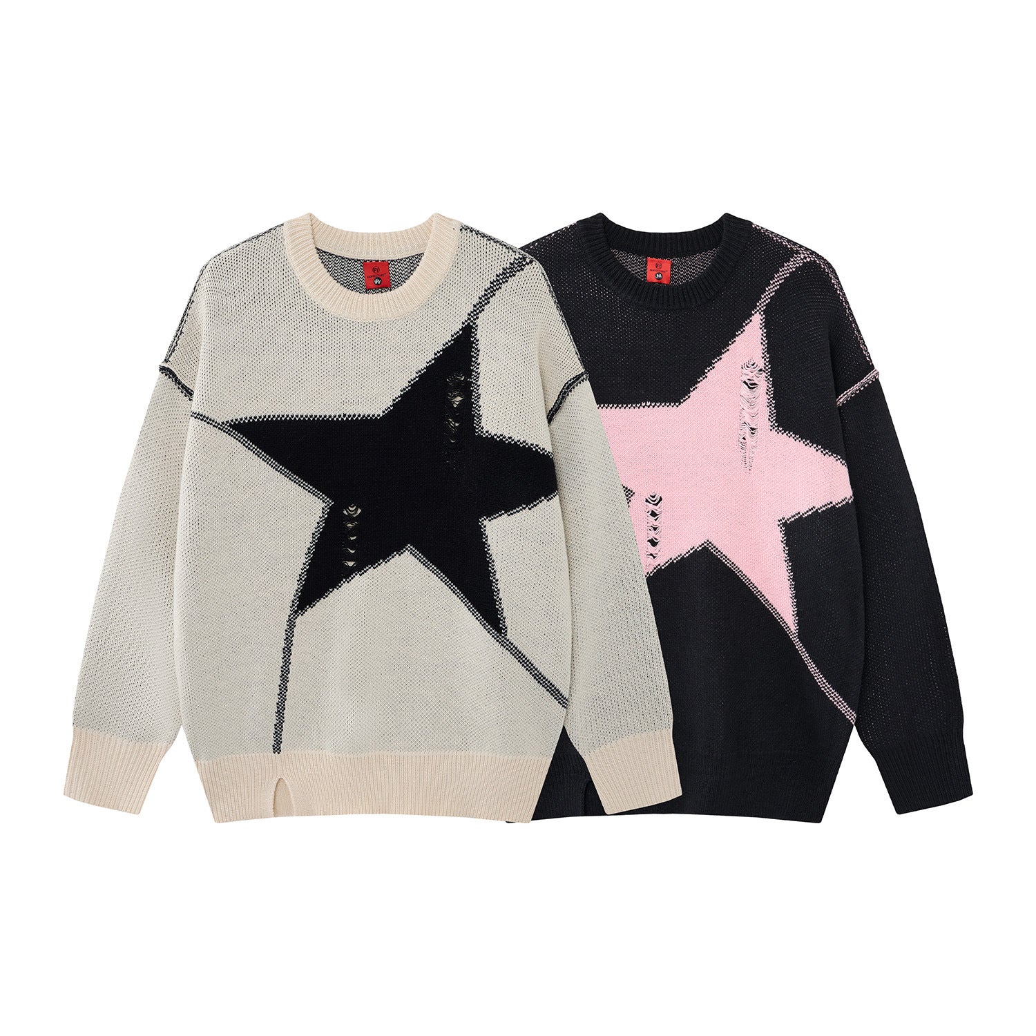 Pull homme col rond oversize en maille jacquard étoile effet usé