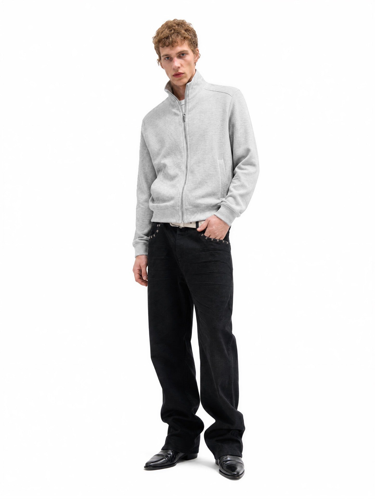 Veste homme côtelée zippée à col montant – Style sportswear vintage délavé