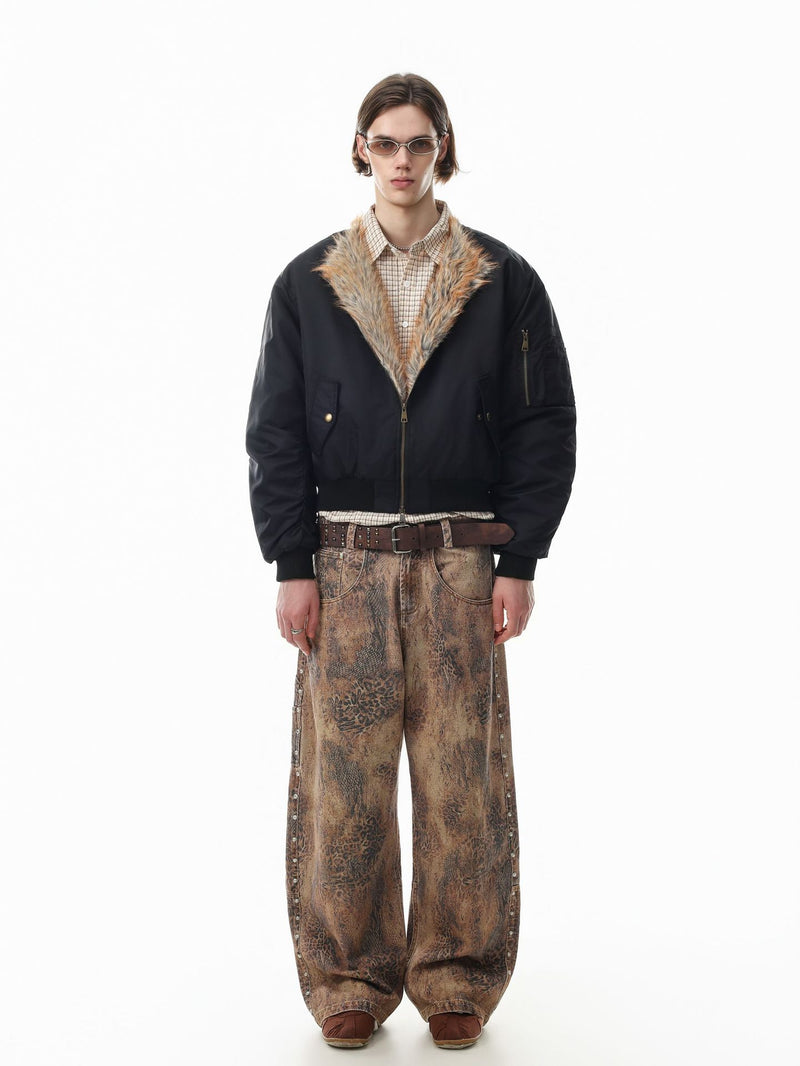 Faux Fur Collar Bomber Jacket with Quilted Lining