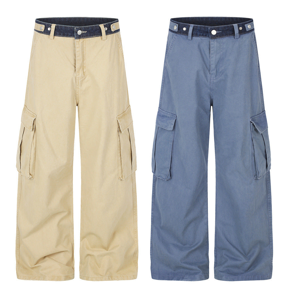 Herren-Cargohose in Khaki mit weitem, geradem Bein und kontrastierendem Denim-Bund