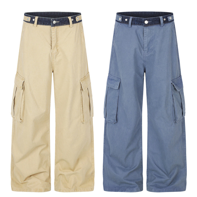 Herren-Cargohose in Khaki mit weitem, geradem Bein und kontrastierendem Denim-Bund
