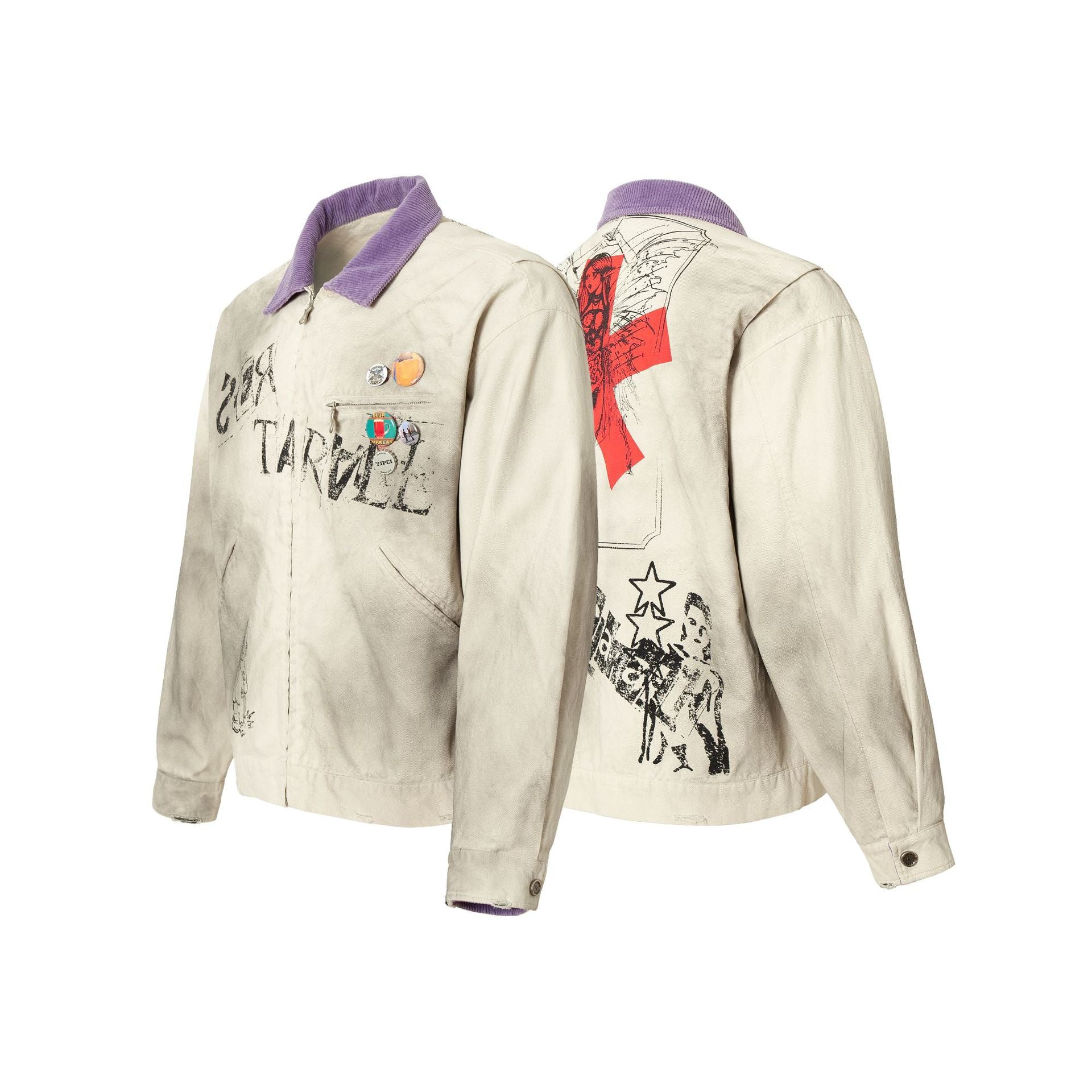 Veste zippée à imprimé graphique – Coton délavé effet usé, col violet et badge