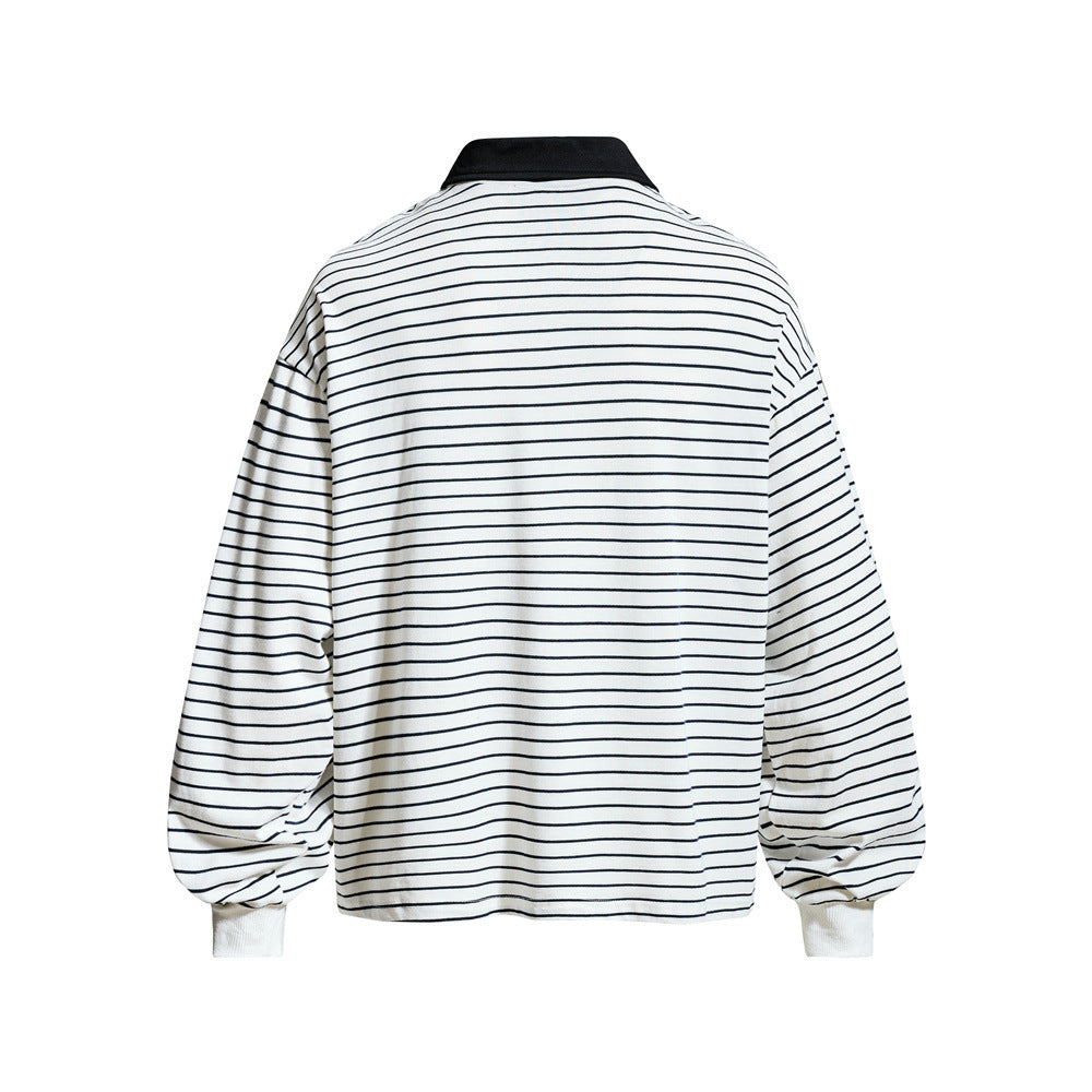 Striped Long Sleeve Shirt Mens Polo — Varsity Embroidery, Relaxed Fit