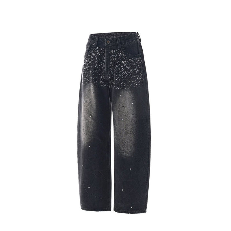 Men's Wide-Leg Baggy Jeans – Washed Black Rhinestone Embellished Denim