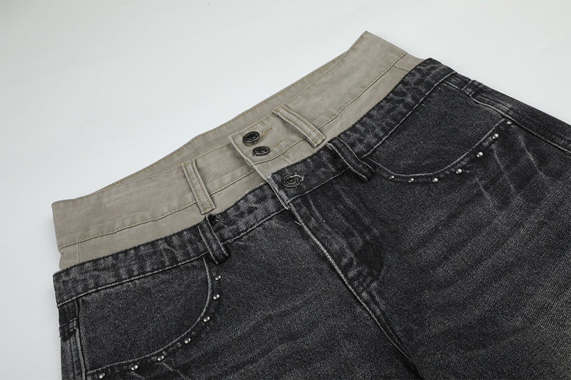 Baggy Double Knee Jeans – Dark Grey Wide-Leg Denim with Double Waistband &