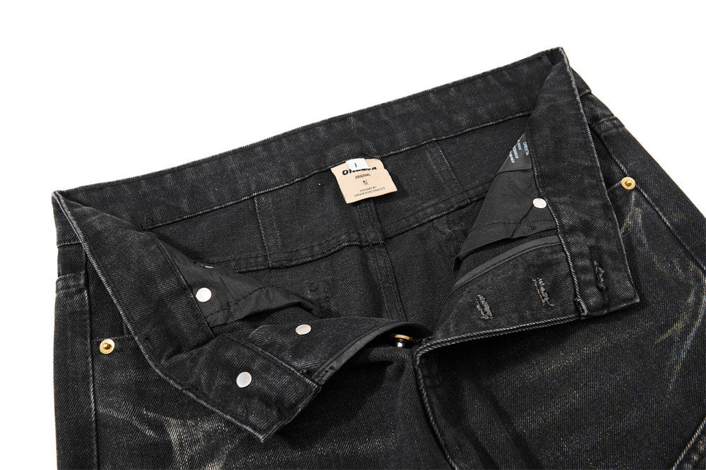 Men's Bell Bottom Jeans – Black Acid Wash Flare Leg with Lace-Up Hem & Button