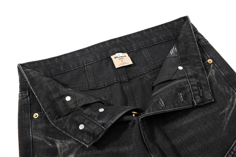 Men's Bell Bottom Jeans – Black Acid Wash Flare Leg with Lace-Up Hem & Button