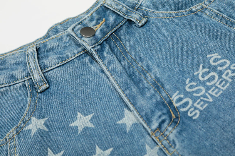 Baggy Star Print Jeans Wide-Leg Denim Pants