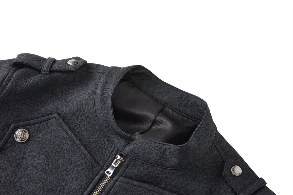 Men's Faux Leather Military Jacket – Double-Breasted Stand Collar Short Coat