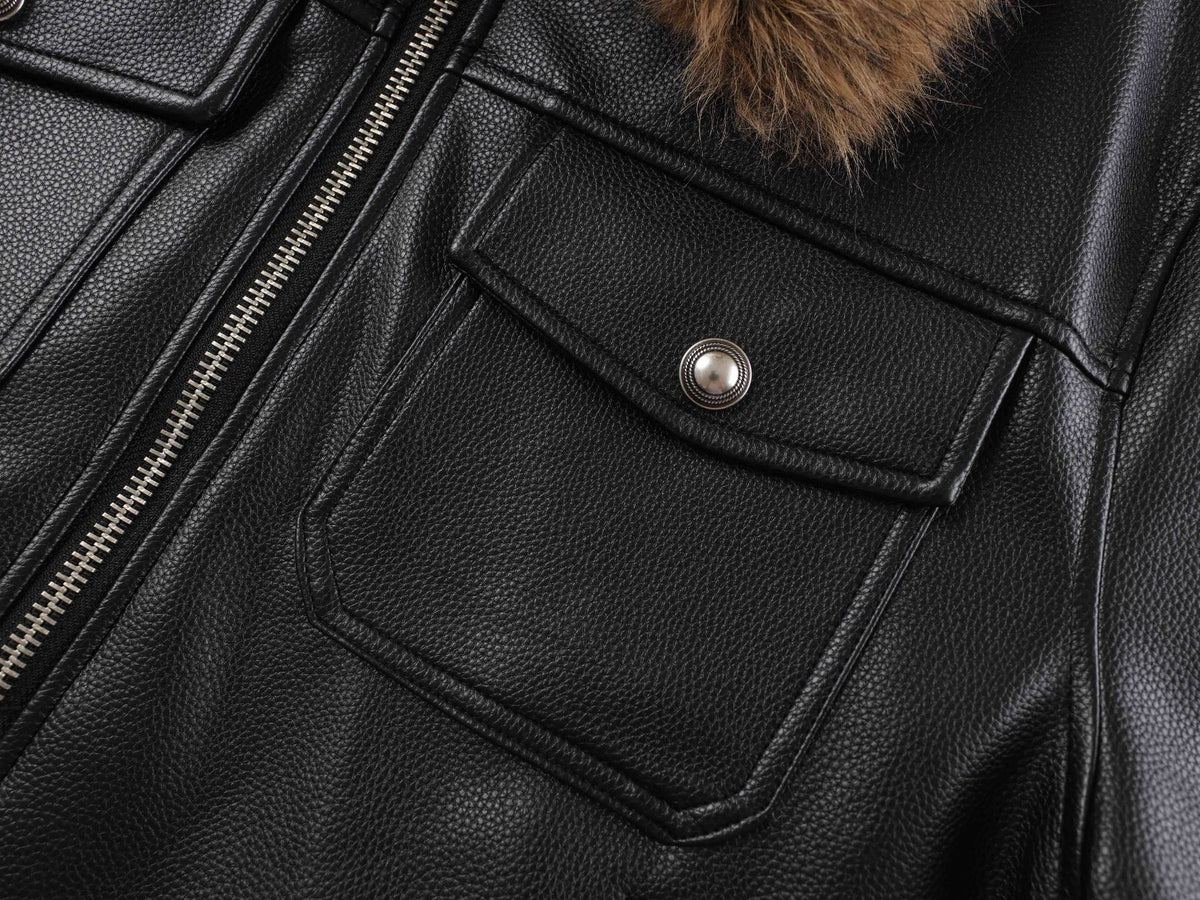 Black Leather Bomber Jacket with Fur Collar & Multi-Pocket Design