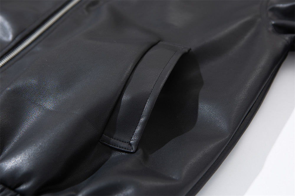 Faux Leather Hooded Bomber Jacket – Layered PU Zip-Up Oversized Coat