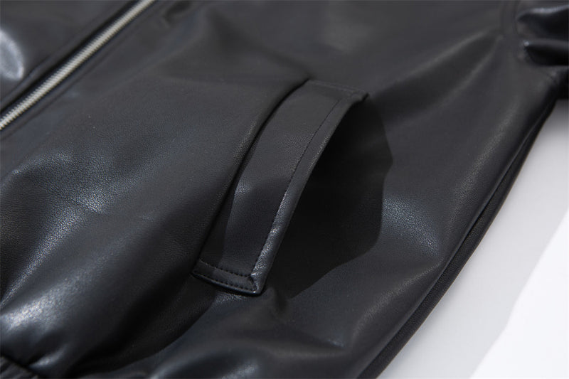 Faux Leather Hooded Bomber Jacket – Layered PU Zip-Up Oversized Coat