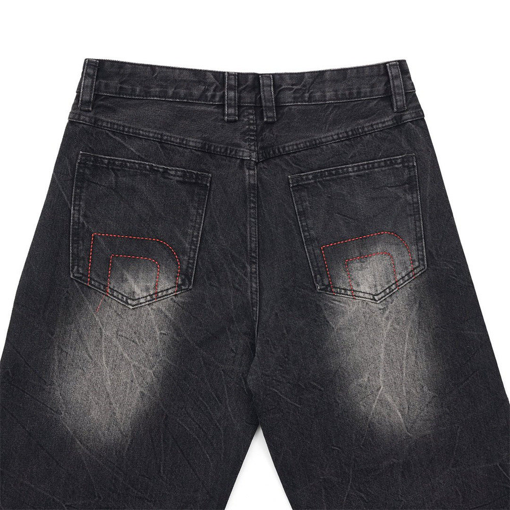 Men's Wide-Leg Baggy Jeans – Washed Black Rhinestone Embellished Denim