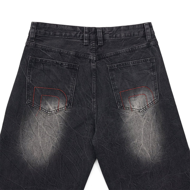 Men's Wide-Leg Baggy Jeans – Washed Black Rhinestone Embellished Denim