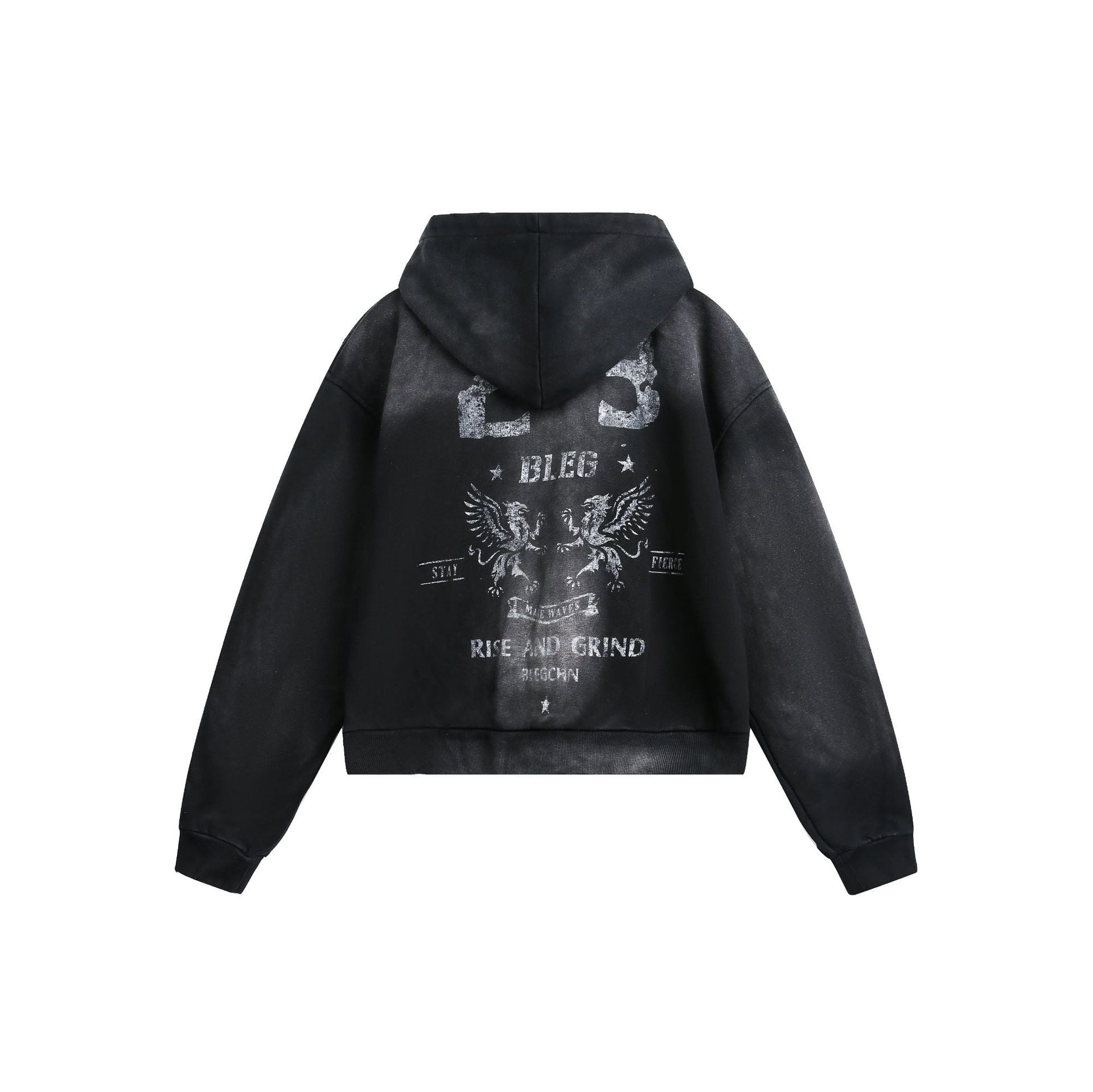 Sweat à capuche zippé délavé – Graphique vintage usé, style street américain