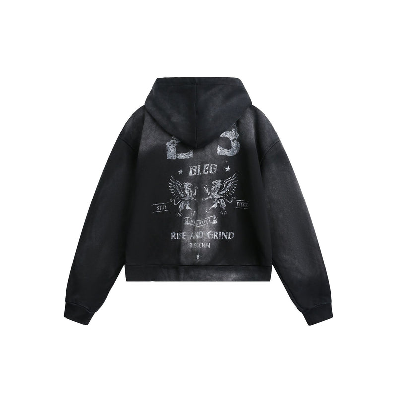 Sweat à capuche zippé délavé – Graphique vintage usé, style street américain