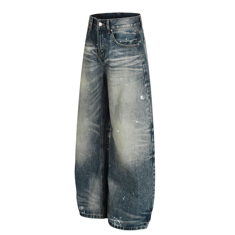 Vaqueros baggy con diseño — Denim vintage lavado de pierna ancha con salpicaduras de pintura