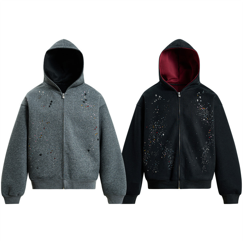 Herren-Zip-Hoodie aus Oversized-Fleece mit Strasssteinen und Galaxie-Sternen