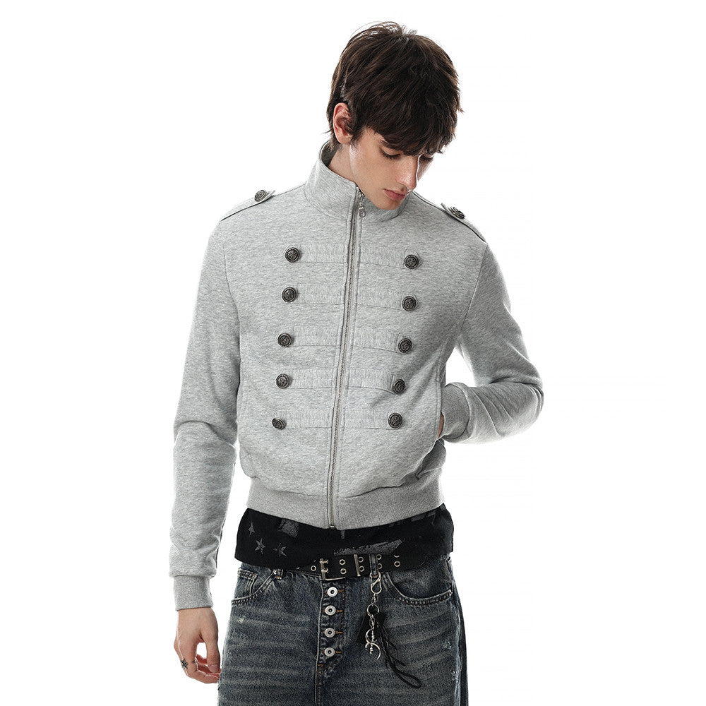 Men's military-style zip-up jacket in heather gray with double-breasted antique silver buttons and stand collar
