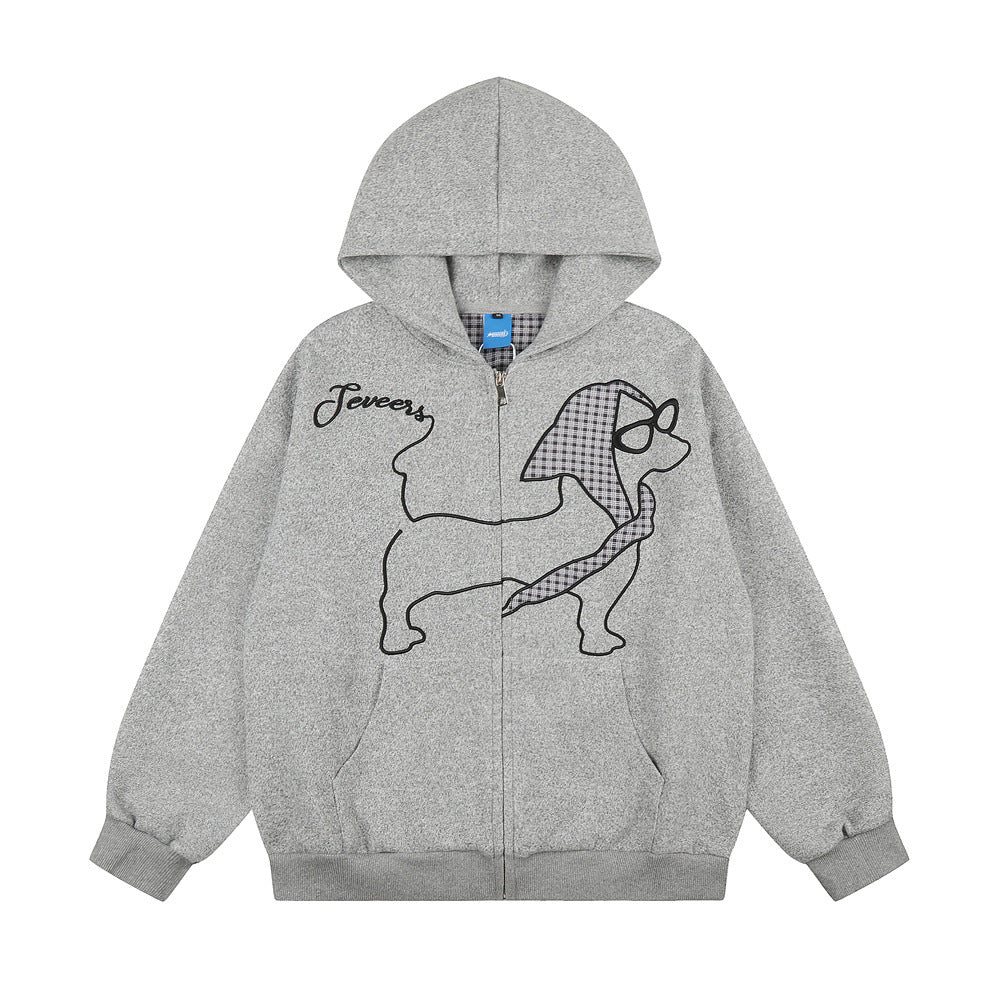Cartoon Dog Graphic Zip-Up Hoodie – Oversized Fit with Plaid Appliqué