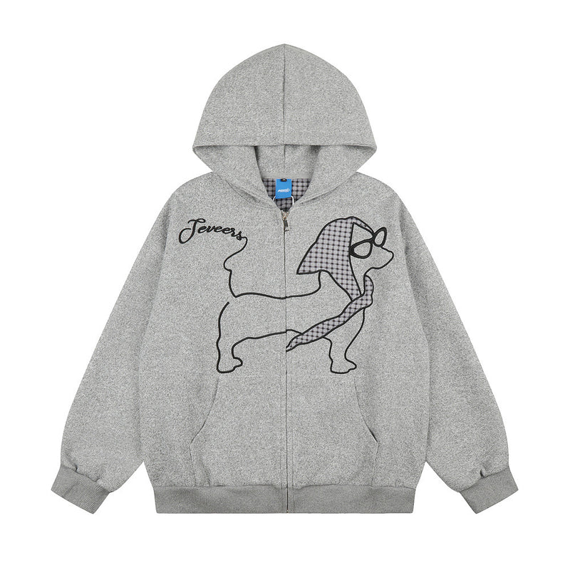 Cartoon Dog Graphic Zip-Up Hoodie – Oversized Fit with Plaid Appliqué