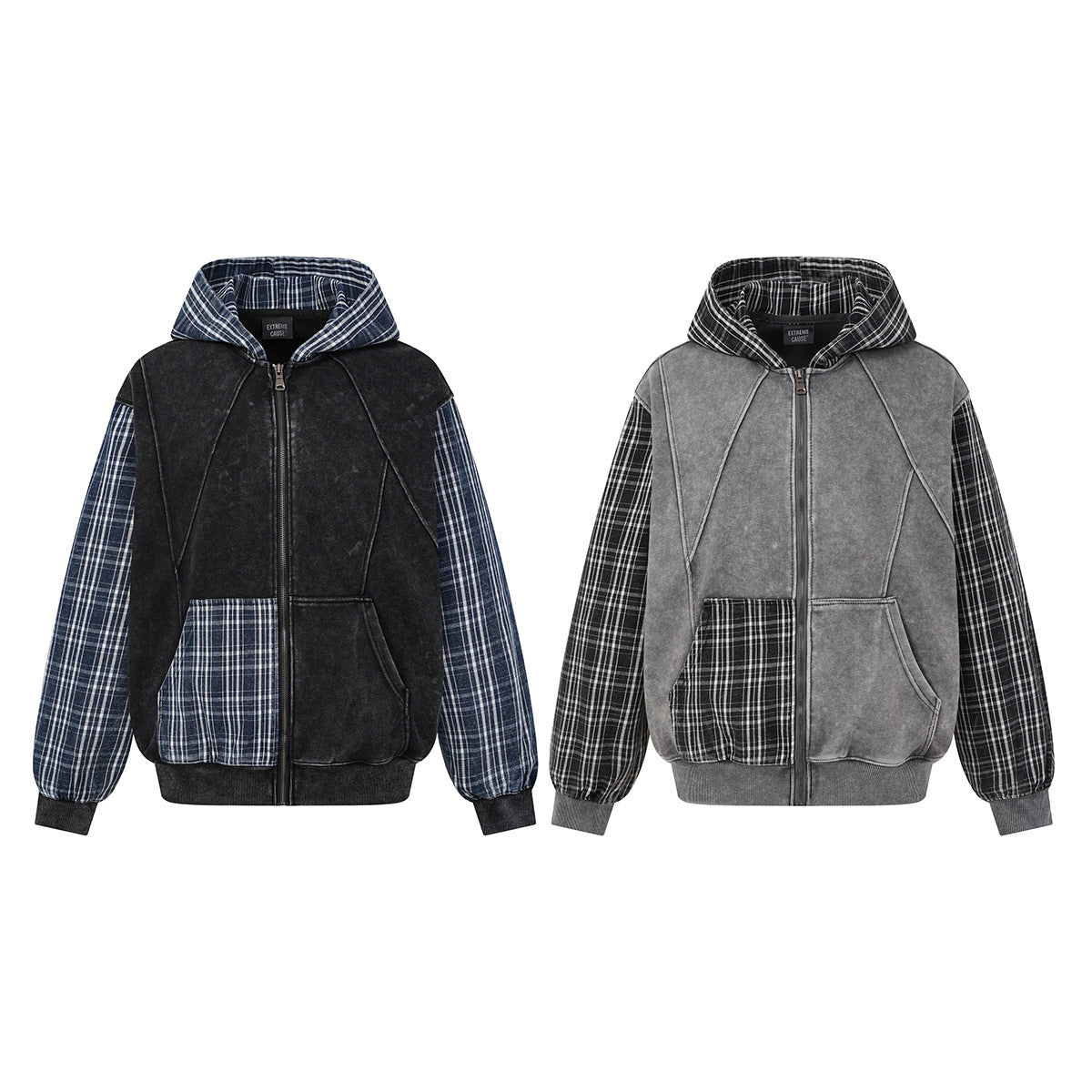 Sudadera con capucha y cremallera de patchwork de cuadros — Chaqueta extragrande de felpa y franela lavadas