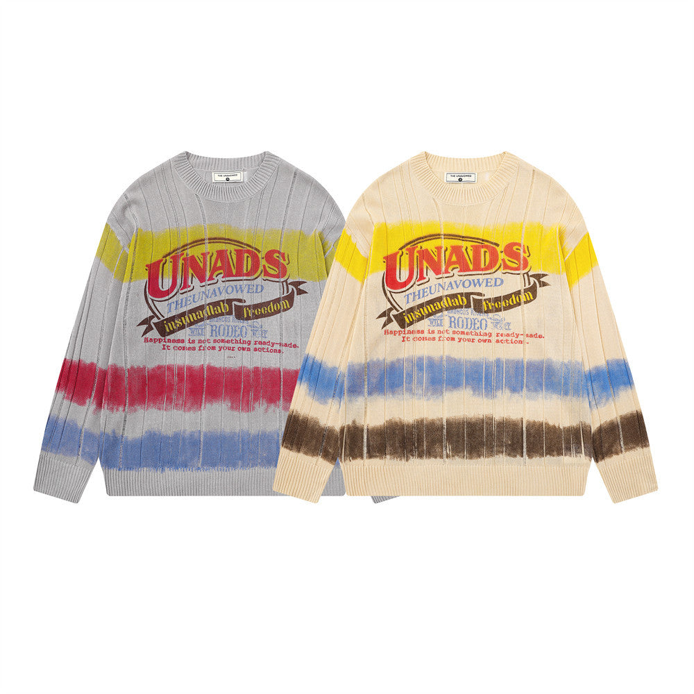 Pull ras-du-cou homme – Maille côtelée rayée tie-dye avec imprimé graphique