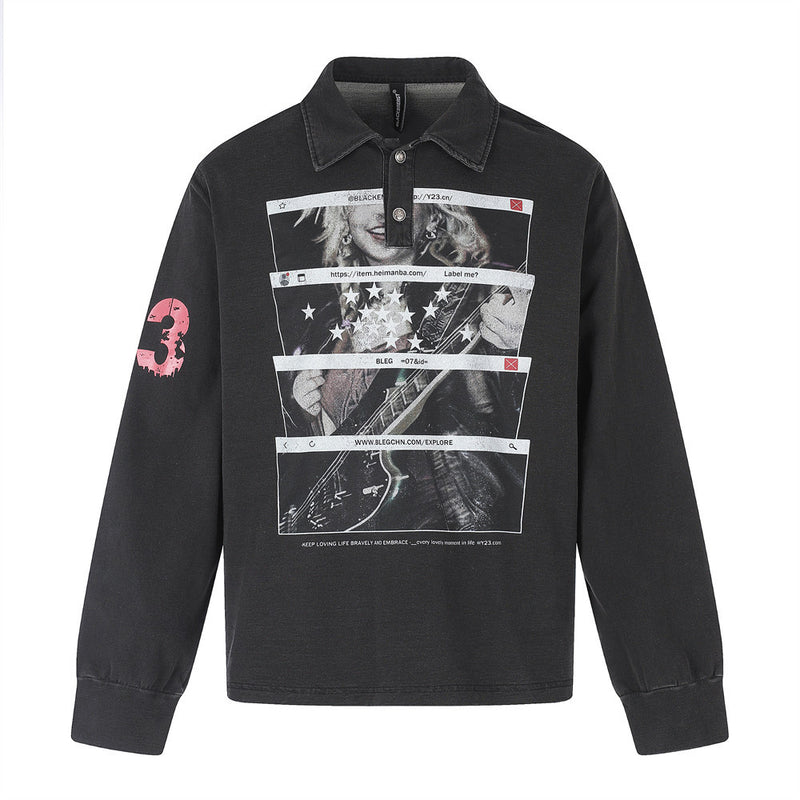 Black long sleeve polo shirt front view with collar, button placket, and large graphic print
