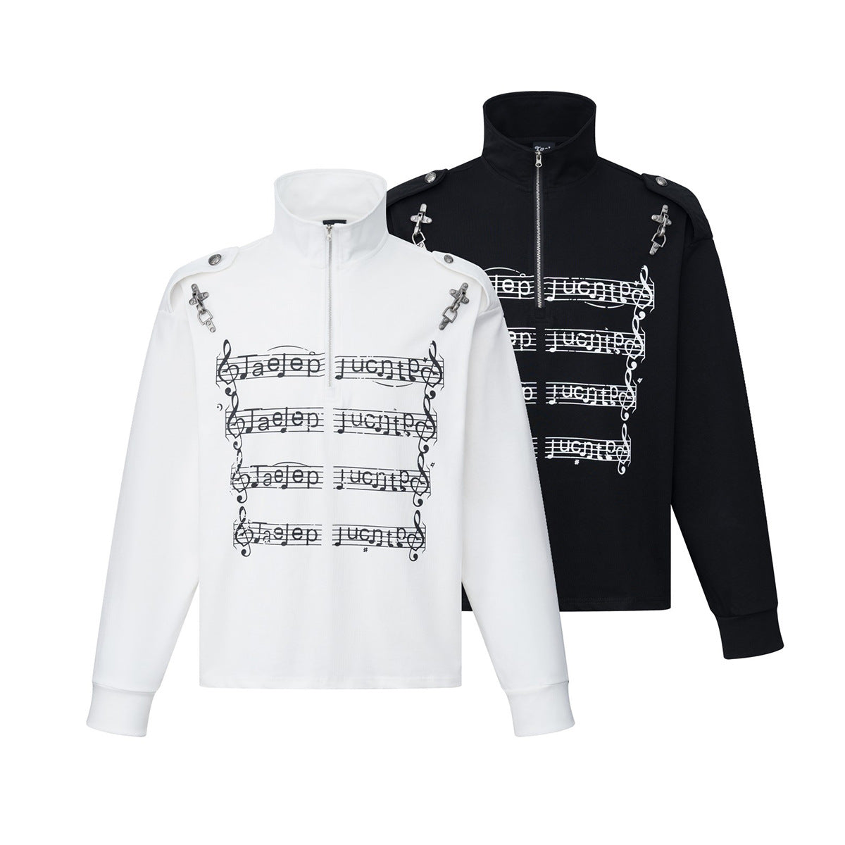 Chemise légère à manches longues, col montant, demi-zip, imprimé partition et chaîne