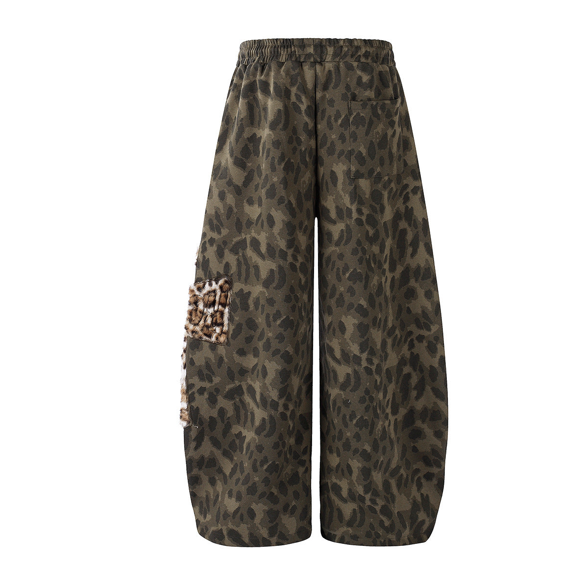 Leopard Print Wide-Leg Sweatpants with Faux Fur Cargo Pocket