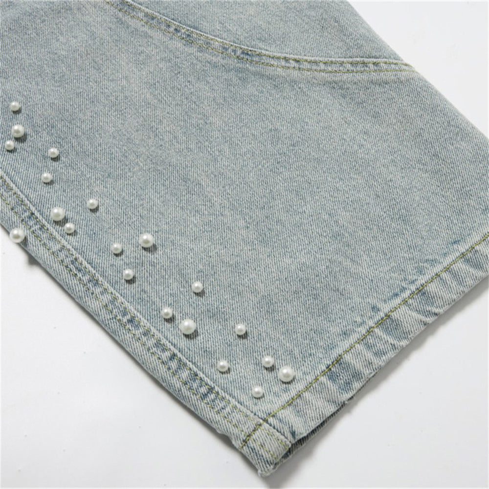 Pearl-Studded Wide-Leg Denim Cargo Jeans – Vintage Washed Scimitar Cut