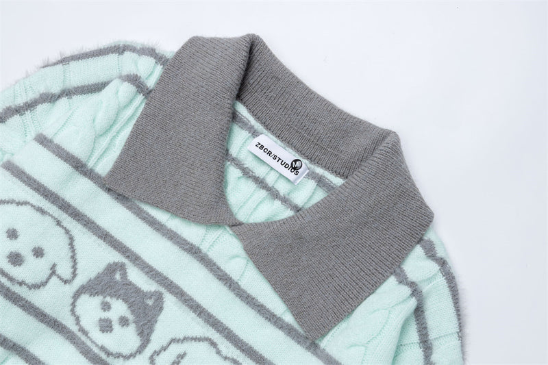 Gestreifter Zopfstrickpullover mit Polokragen – Cartoon-Hunde-Jacquard