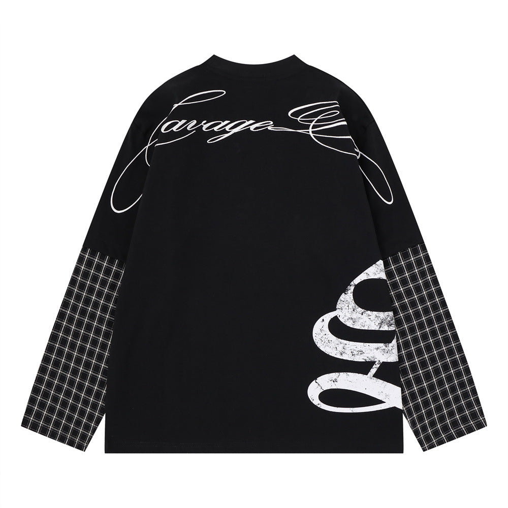 Savage Base Fake-Zweiteiler mit karierten Patchwork-Ärmeln – Oversized-Langarmshirt für Herren