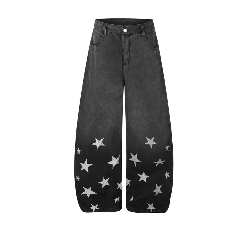 Baggy Wide-Leg-Jeans mit Stern-Print und Farbverlauf-Waschung – High-Waist-Schnitt mit geschwungener Silhouette