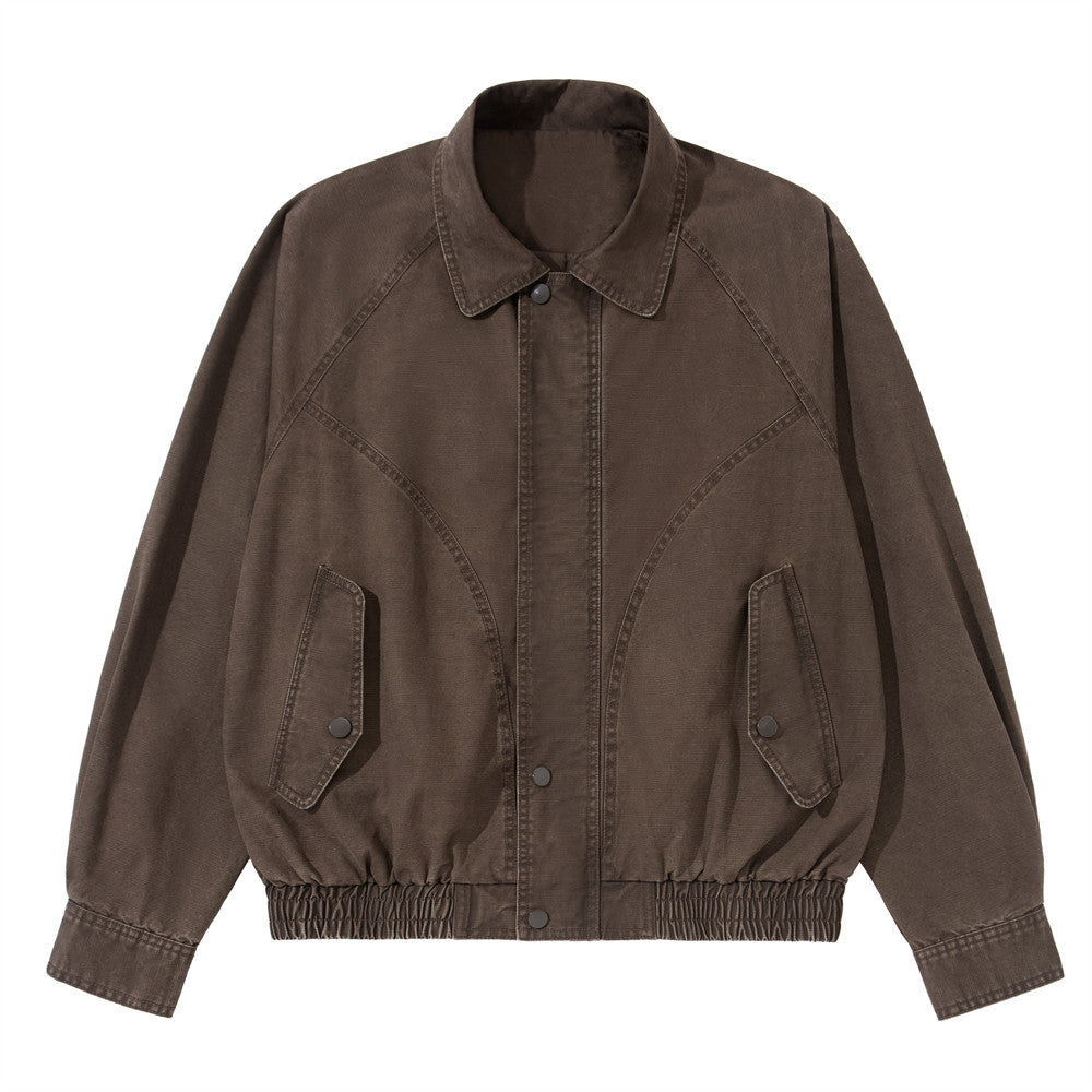 Vintage Washed Workwear Bomber Jacket – Relaxed Fit Snap-Button Harrington