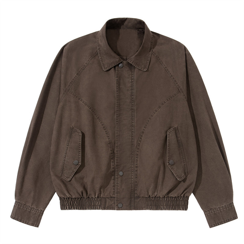 Vintage Washed Workwear Bomber Jacket – Relaxed Fit Snap-Button Harrington