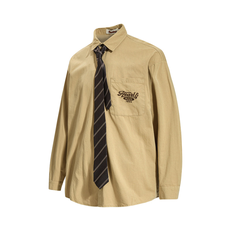 Tan Long Sleeve Shirt with Detachable Tie – Heart & Hook Embroidered Campus