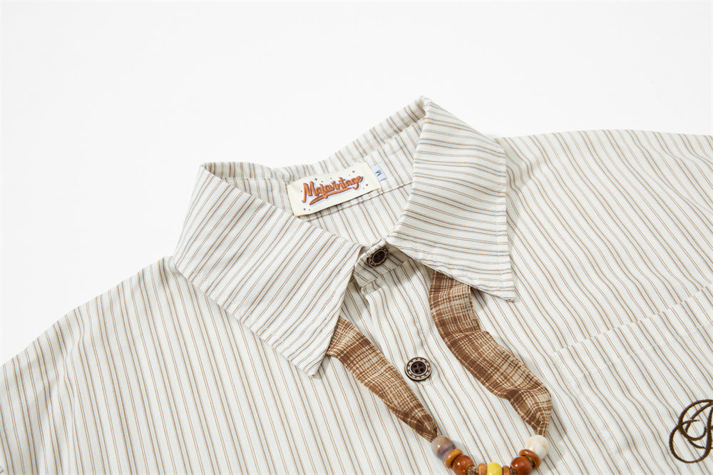 Striped Short Sleeve Shirt – Japanese Loose Fit with Necktie Detail