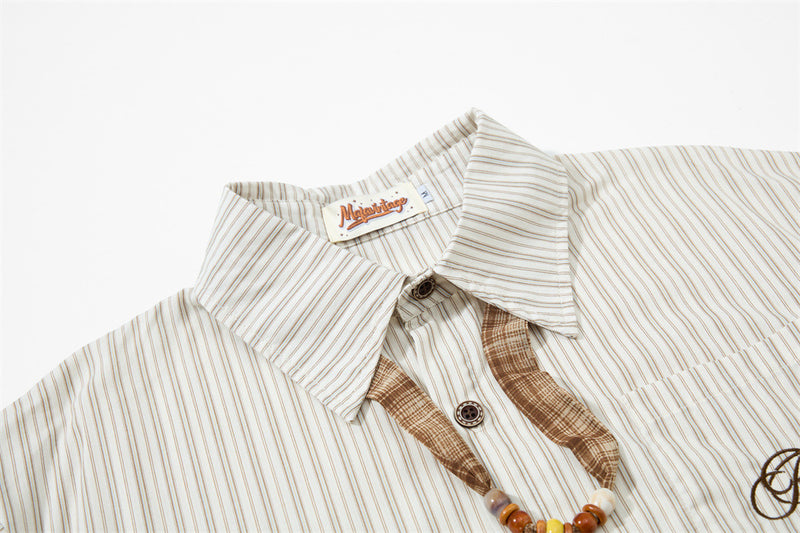 Striped Short Sleeve Shirt – Japanese Loose Fit with Necktie Detail