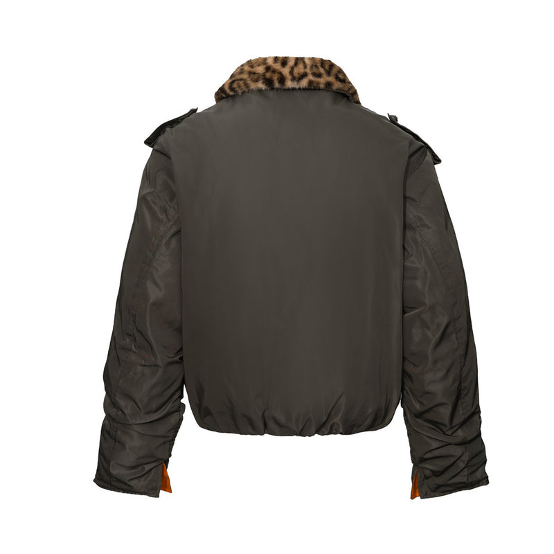 Military Bomber Jacket with Leopard Faux Fur Collar & Double-Breasted Button