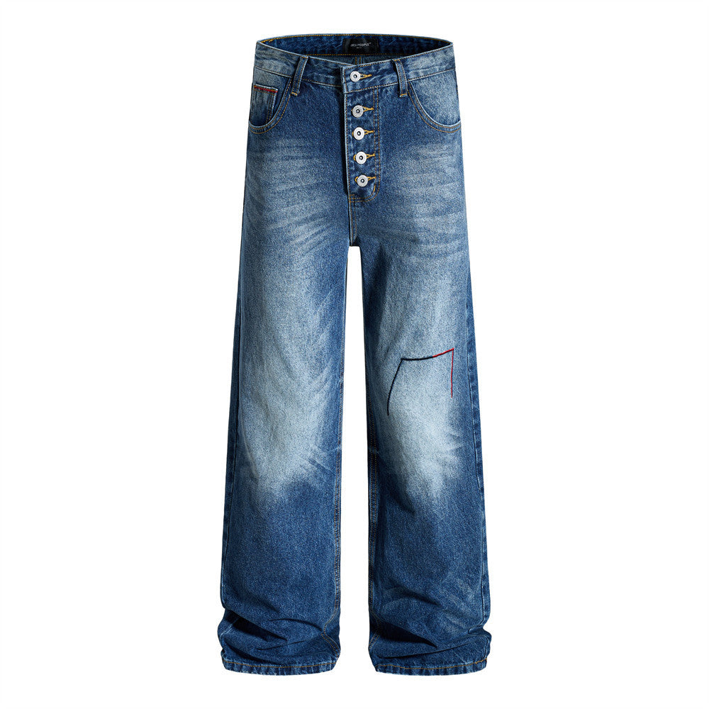 Baggy-Jeans mit weitem Bein – Knopfleiste, gewaschenes Dunkelblau, gerader High-Street-Schnitt