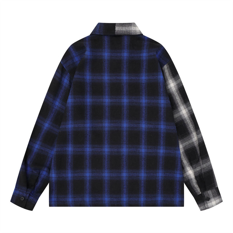 Back view of blue and black plaid colorblock long sleeve shirt with white plaid sleeve panel